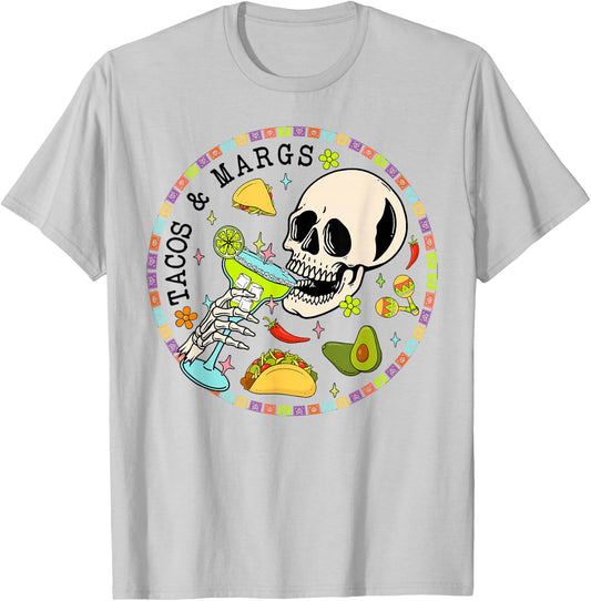 Cinco De Mayo Tacos And Margs Mexican Fiesta Party Skull T-Shirt - T-Shirt | Ash