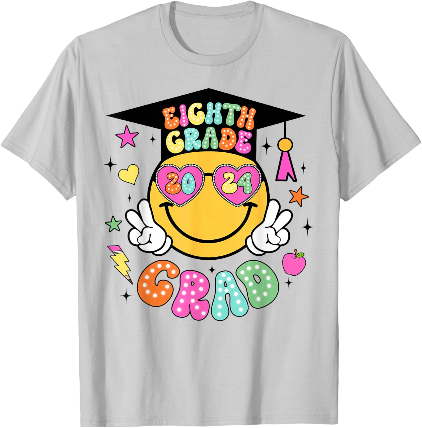 Groovy 8th Grade Graduate Happy Face Graduation 2024 Grad T-Shirt - T-Shirt | Ash