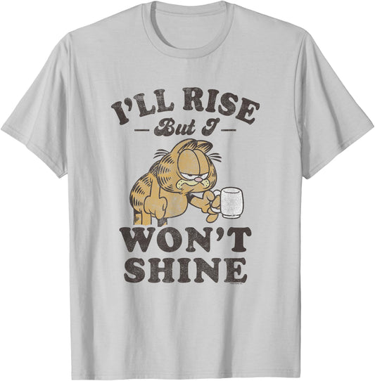Garfield I'll Rise But I Won't Shine Grumpy Shot Distressed T-Shirt - T-Shirt | Ash
