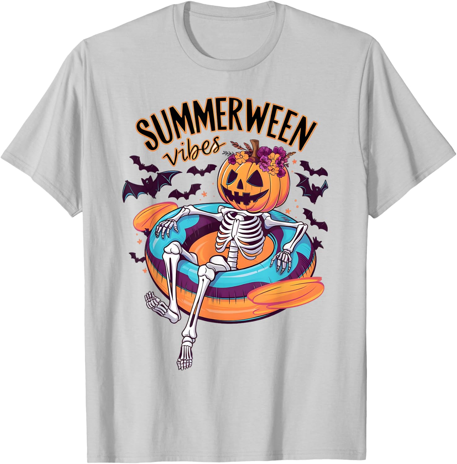 Summerween Vibes Skeleton Pumpkin Summer Vacation Men Women Kids T-Shirt - T-Shirt | Ash