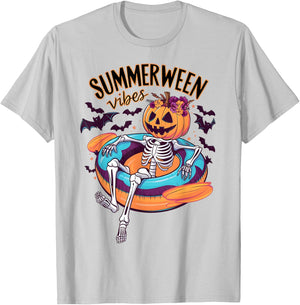 Summerween Vibes Skeleton Pumpkin Summer Vacation Men Women Kids T-Shirt - T-Shirt | Ash