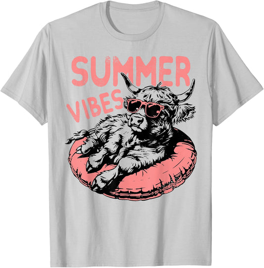 Summer Vibes Cute Sunglasses Cow Float Swimming T-Shirt - T-Shirt | Ash