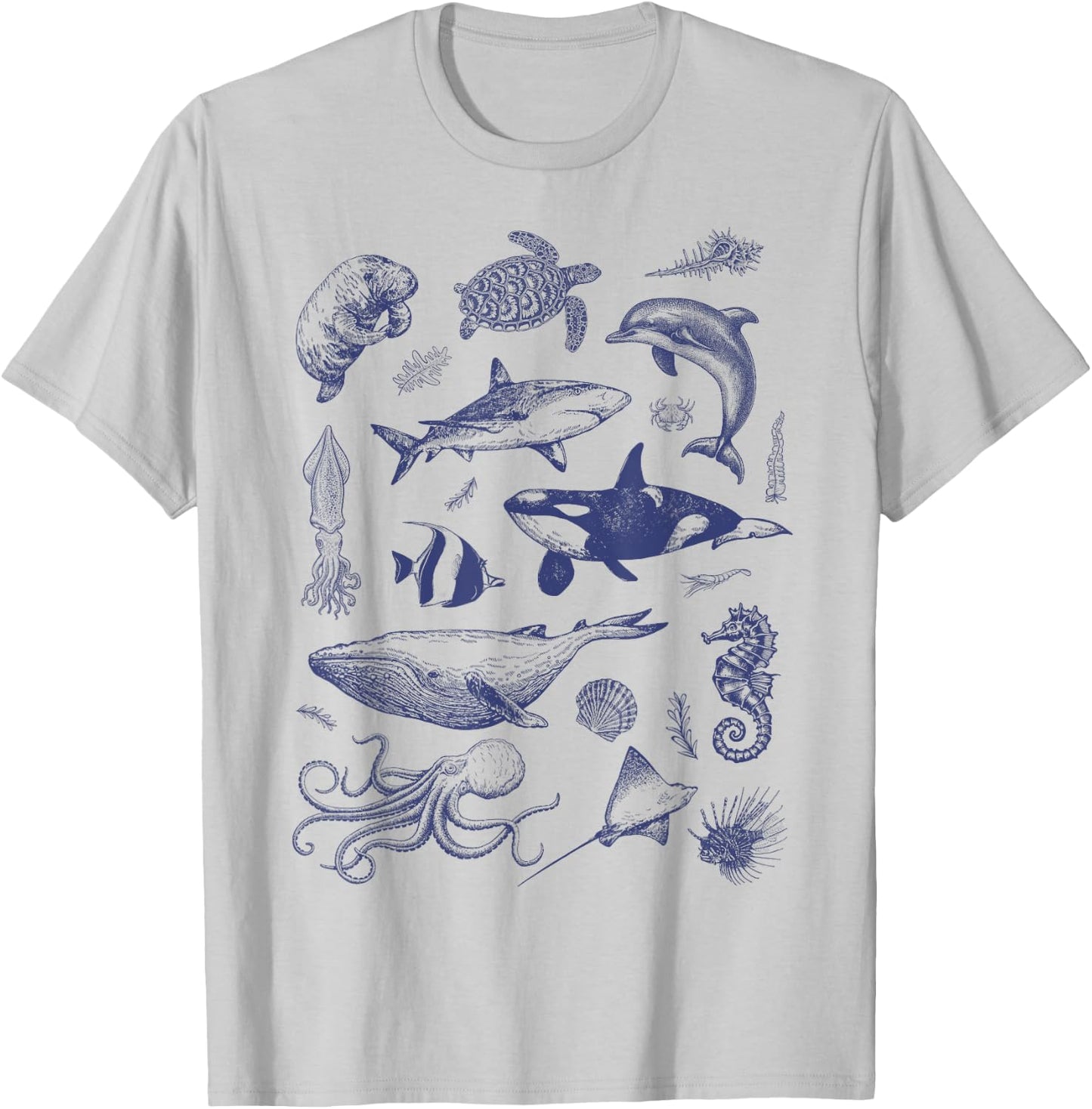 Ocean Wildlife Vintage Shark Turtle Octopus Graphic T-Shirt - T-Shirt | Ash