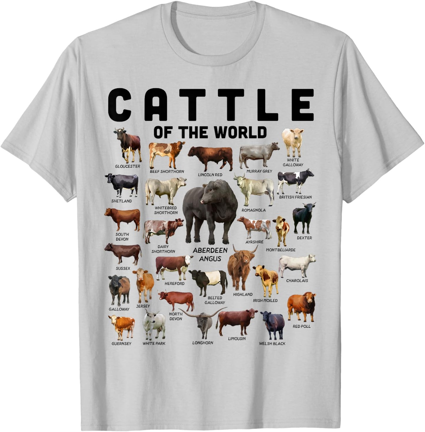 Cow Shirt Cattle Of The World Types Of Cows Funny Farmer T-Shirt - T-Shirt | Ash