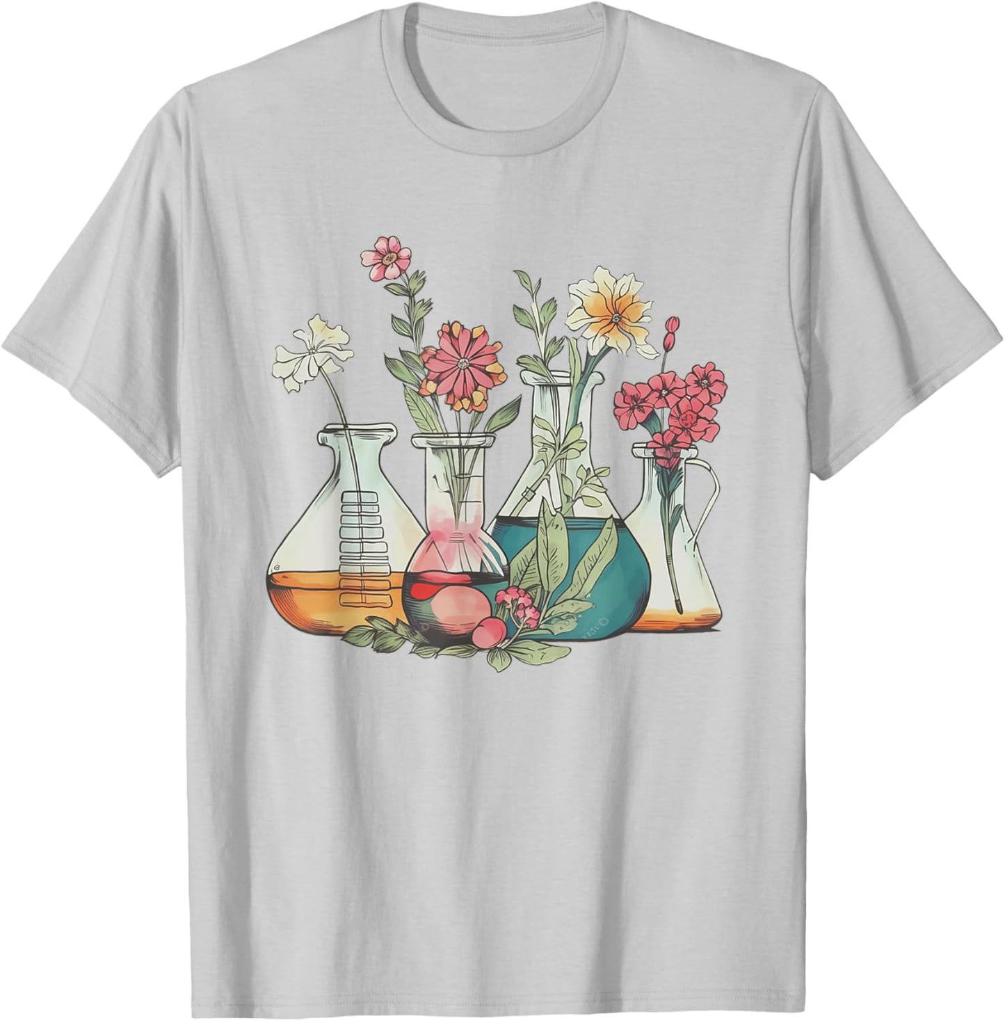 Floral Beakers Chemistry Lab Scientist Chemist Med Lab Tech T-Shirt - T-Shirt | Ash