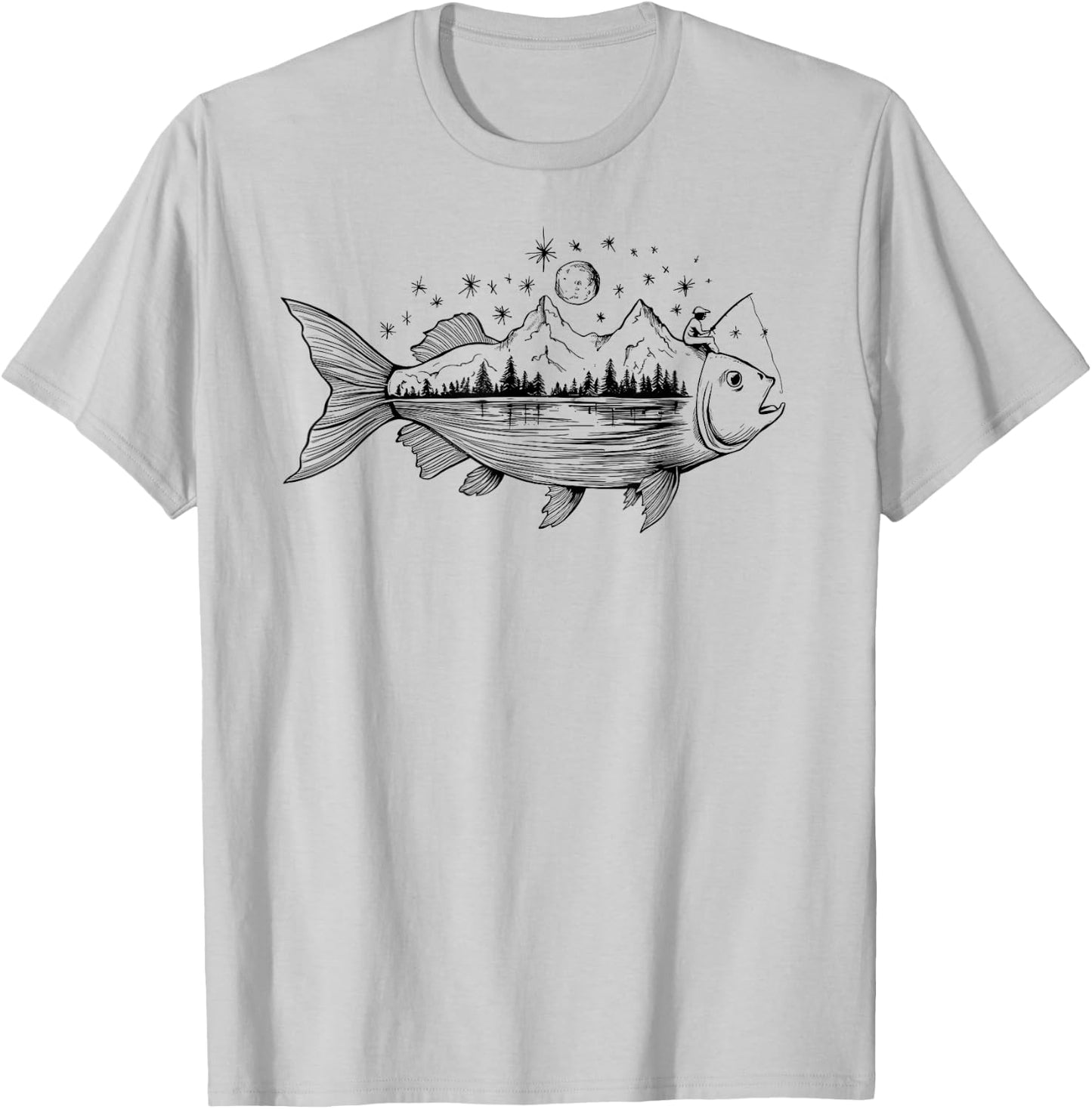 Cool Fish Shaped from Mountains Nature Scene Fishing T-Shirt - T-Shirt | Ash