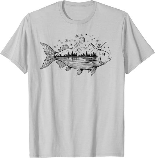 Cool Fish Shaped from Mountains Nature Scene Fishing T-Shirt - T-Shirt | Ash