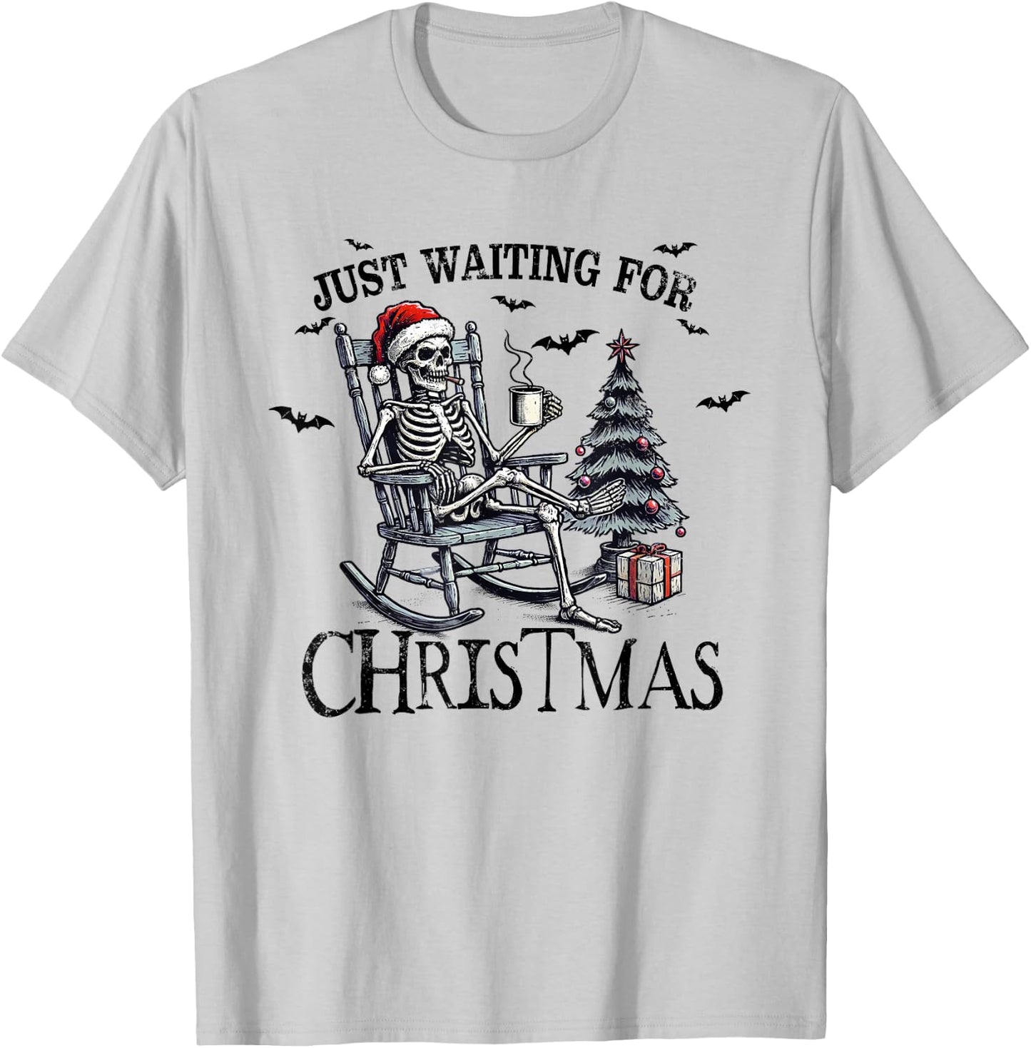 Just Waiting For Christmas Holiday Funny Skeleton Christmas T-Shirt - T-Shirt | Ash