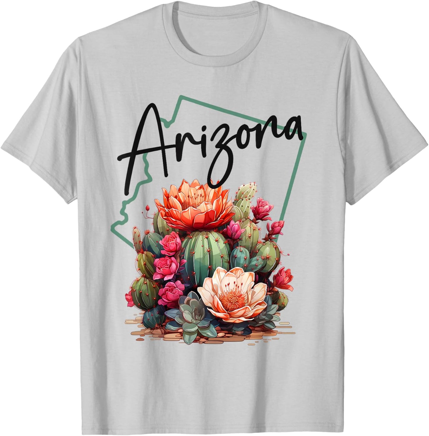 Love State Of Arizona Blooming Cactus Flowers T-Shirt - T-Shirt | Ash