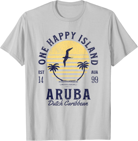 One Happy Island Aruba Shirt Retro Sunset Palm Ocean Vintage T-Shirt - T-Shirt | Ash