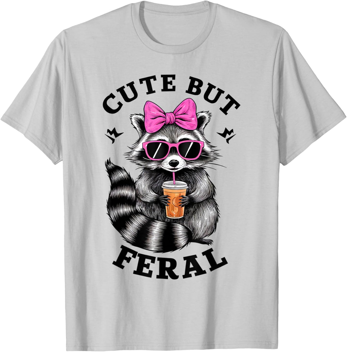 Cute But Feral Funny Colorful Racoon With Sunglasses Racoon , Small, White T-Shirt - T-Shirt | Ash