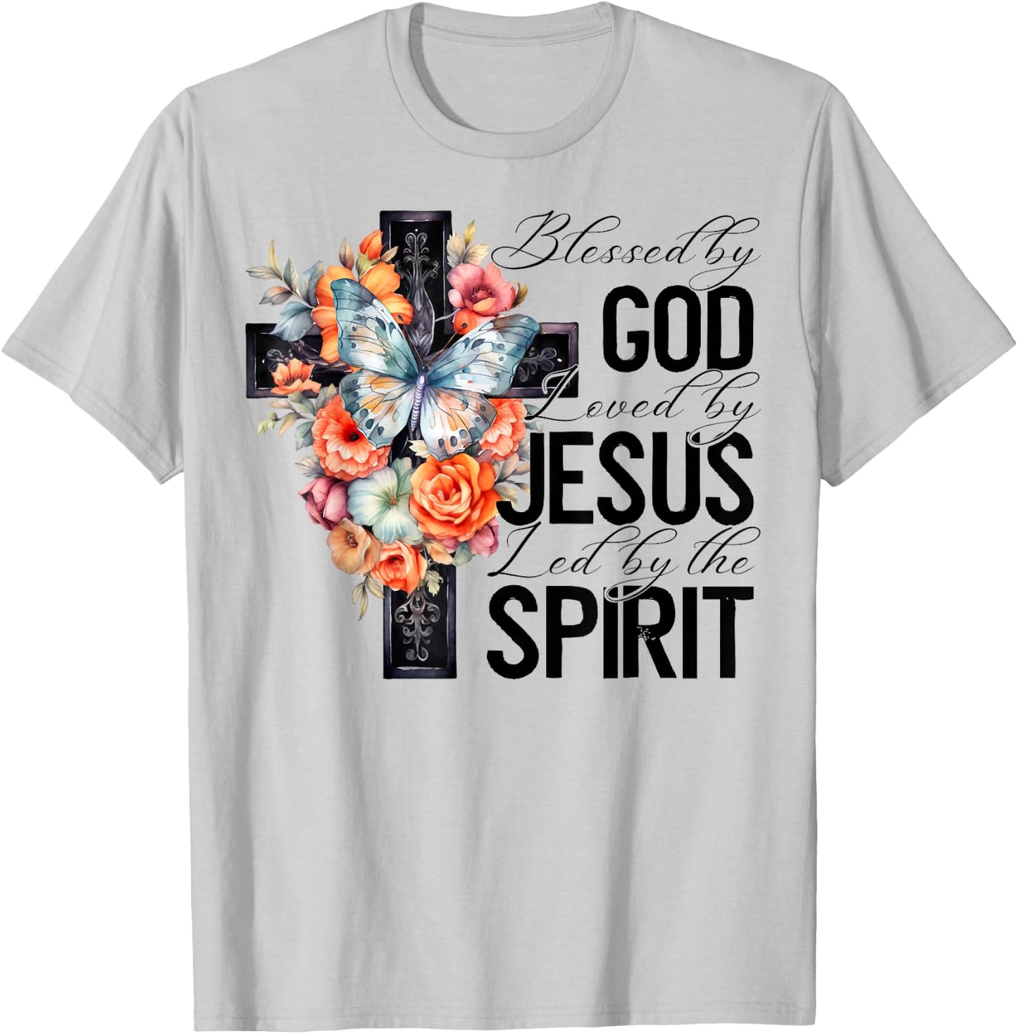 Blessed By God Loved By Jesus Floral Cross Faith Christian T-Shirt - T-Shirt | Ash