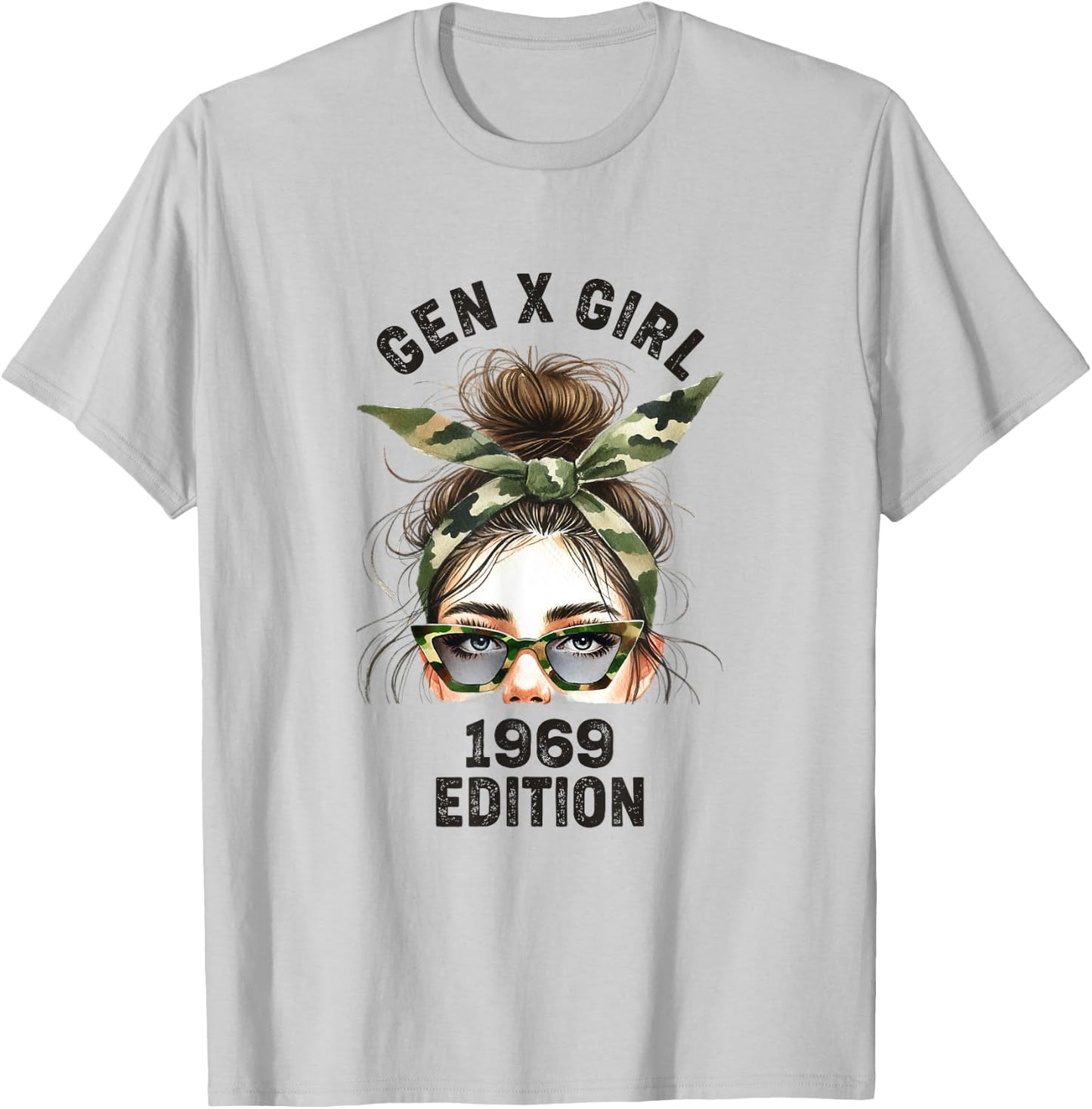 Gen X Girl 1969 Edition Retro Camouflage Headband messy bun T-Shirt - T-Shirt | Ash