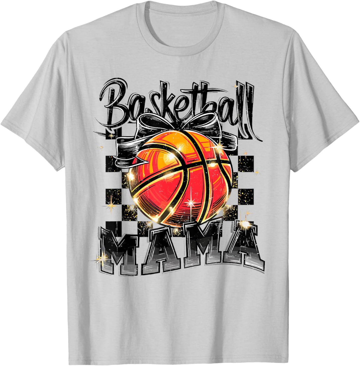 Basketball Mama Mom Checkered Game Day Funny Sport Retro T-Shirt - T-Shirt | Ash