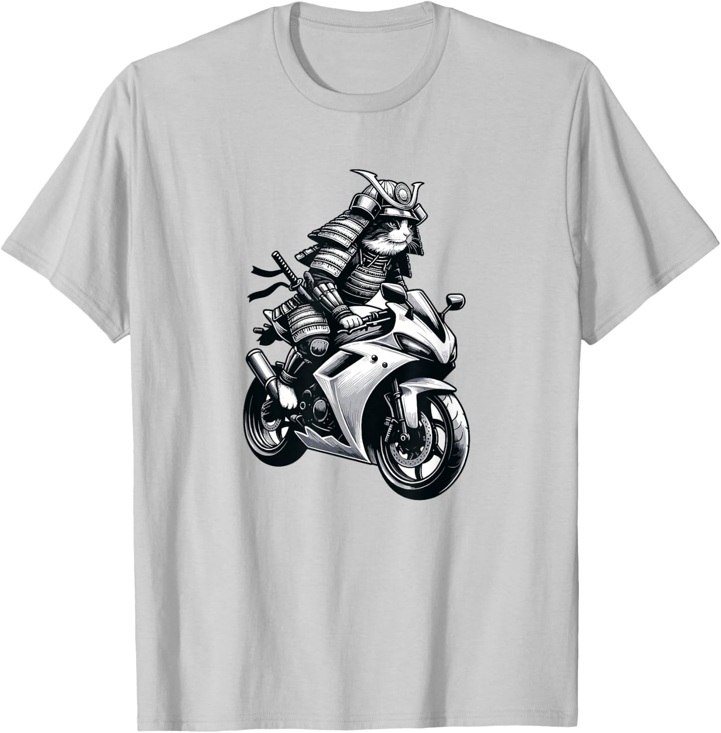 Japanese Samurai Ninja Cat Riding a Motorcycle Crotch Rocket Men Women T-Shirt - T-Shirt | Ash
