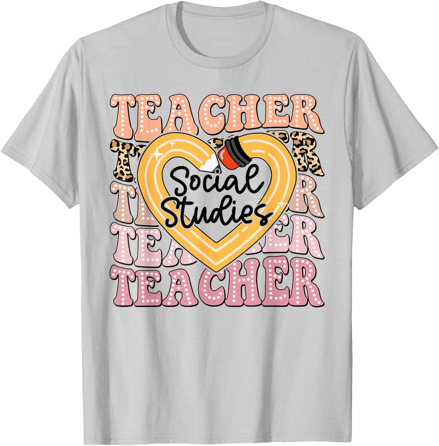 Social Studies Teacher Pencil Heart Leopard Back To School T-Shirt - T-Shirt | Ash