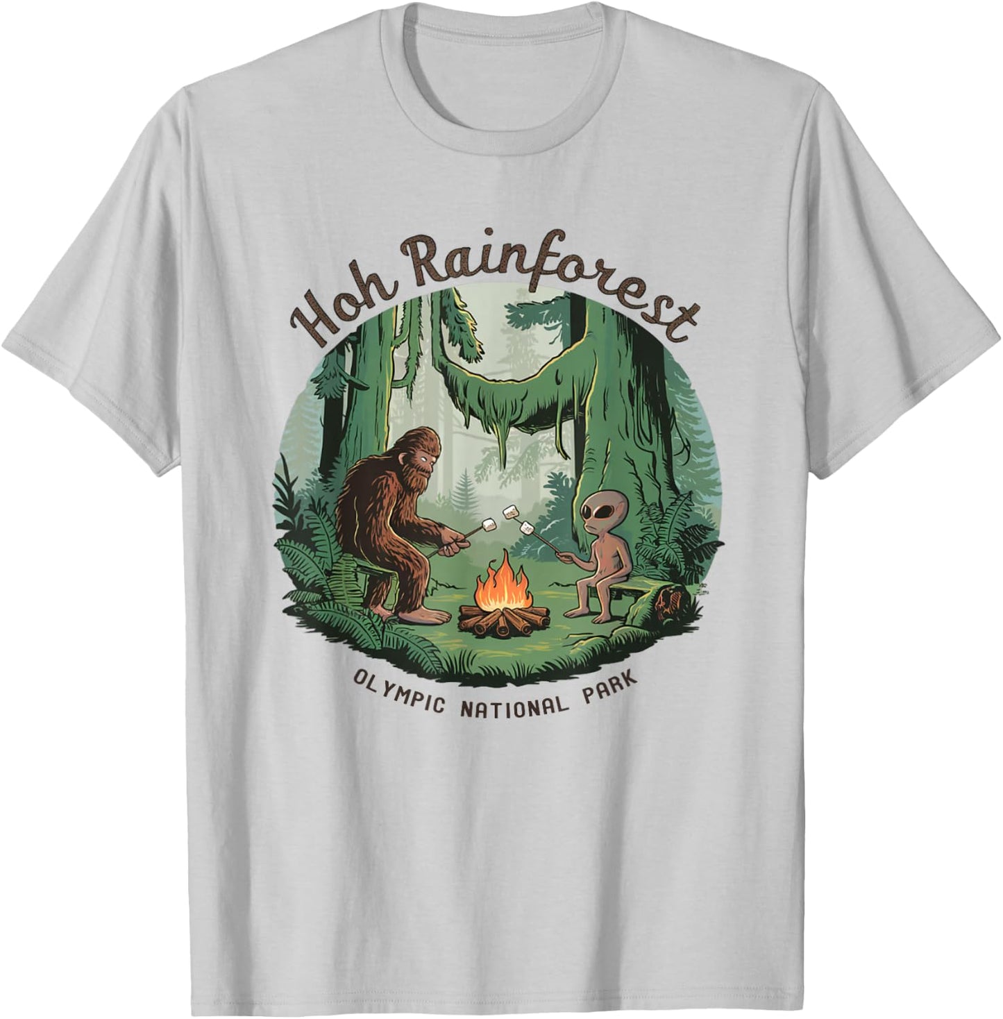 Funny Bigfoot & Alien Gifts And Shirts Bigfoot & Alien Camping Hoh Rainforest Olympic National Park -Adults Kids White Short Sleeve Classic Fit Cotton Blend Machine Wash Size Small T-Shirt - T-Shirt | Ash