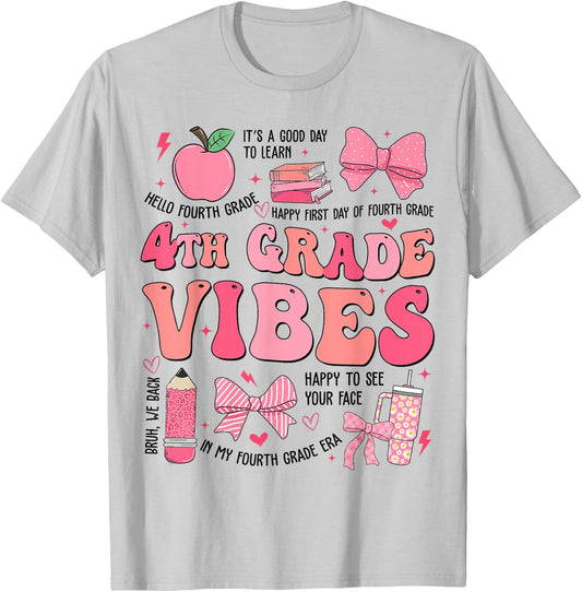 Girls 4th Grade Vibes Coquette Bow Back to School Teacher T-Shirt - T-Shirt | Ash