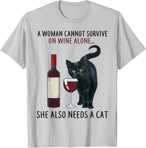 A Women Cannot Survive On Wine Alone She Also Needs A Cat T-Shirt - T-Shirt | Ash