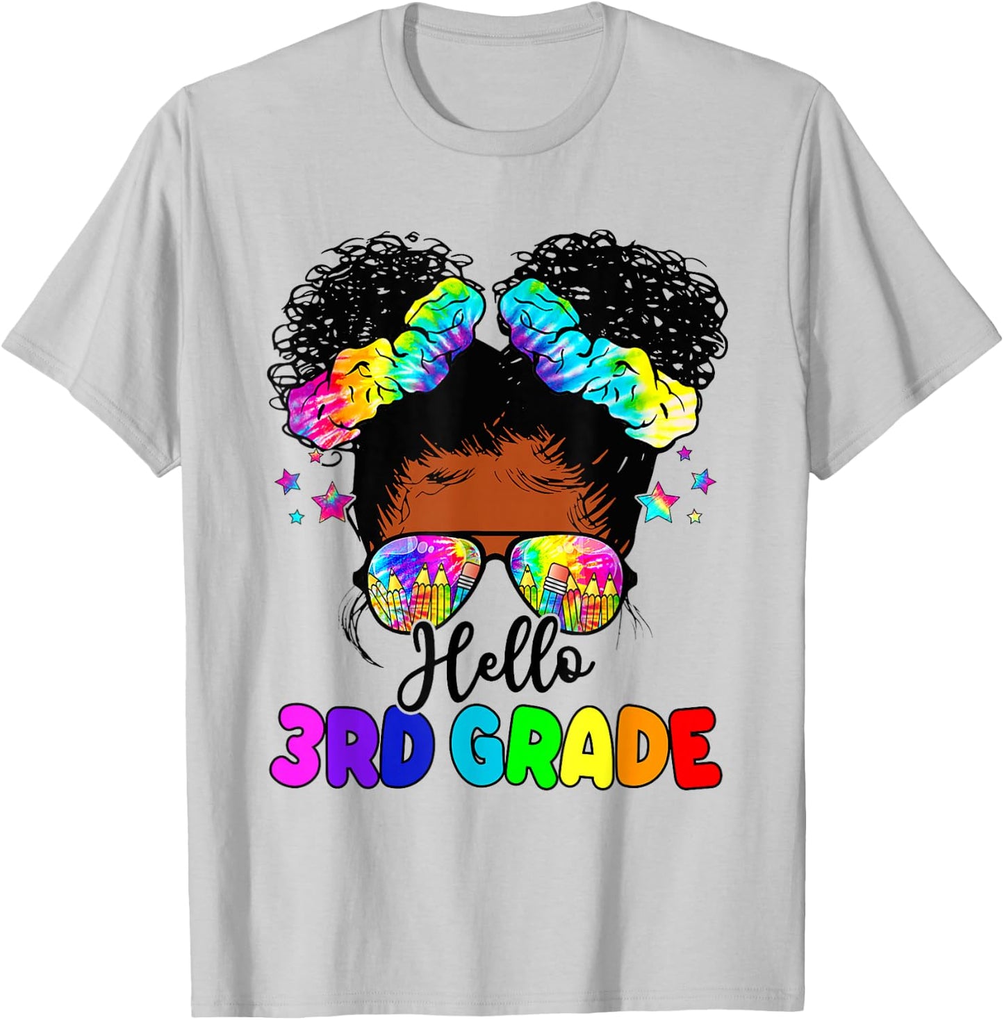 Hello 3rd Grade Black Messy Bun Girls Kids Back To School T-Shirt - T-Shirt | Ash