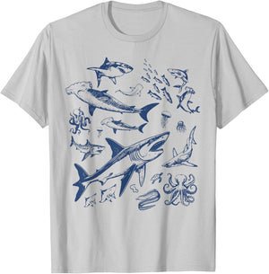 Retro Ocean Animal Wildlife Shark Fish Octopus Nature T-Shirt - T-Shirt | Ash