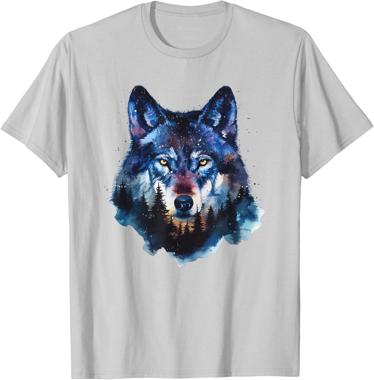 Wolf Splash Art Animal Face Forest Landscape Wolf T-Shirt - T-Shirt | Ash