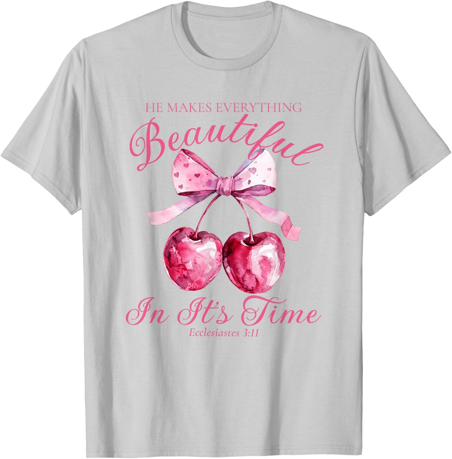 Crochet Pink Bow Cherry Bible Verse Jesus Coquette Christian T-Shirt - T-Shirt | Ash
