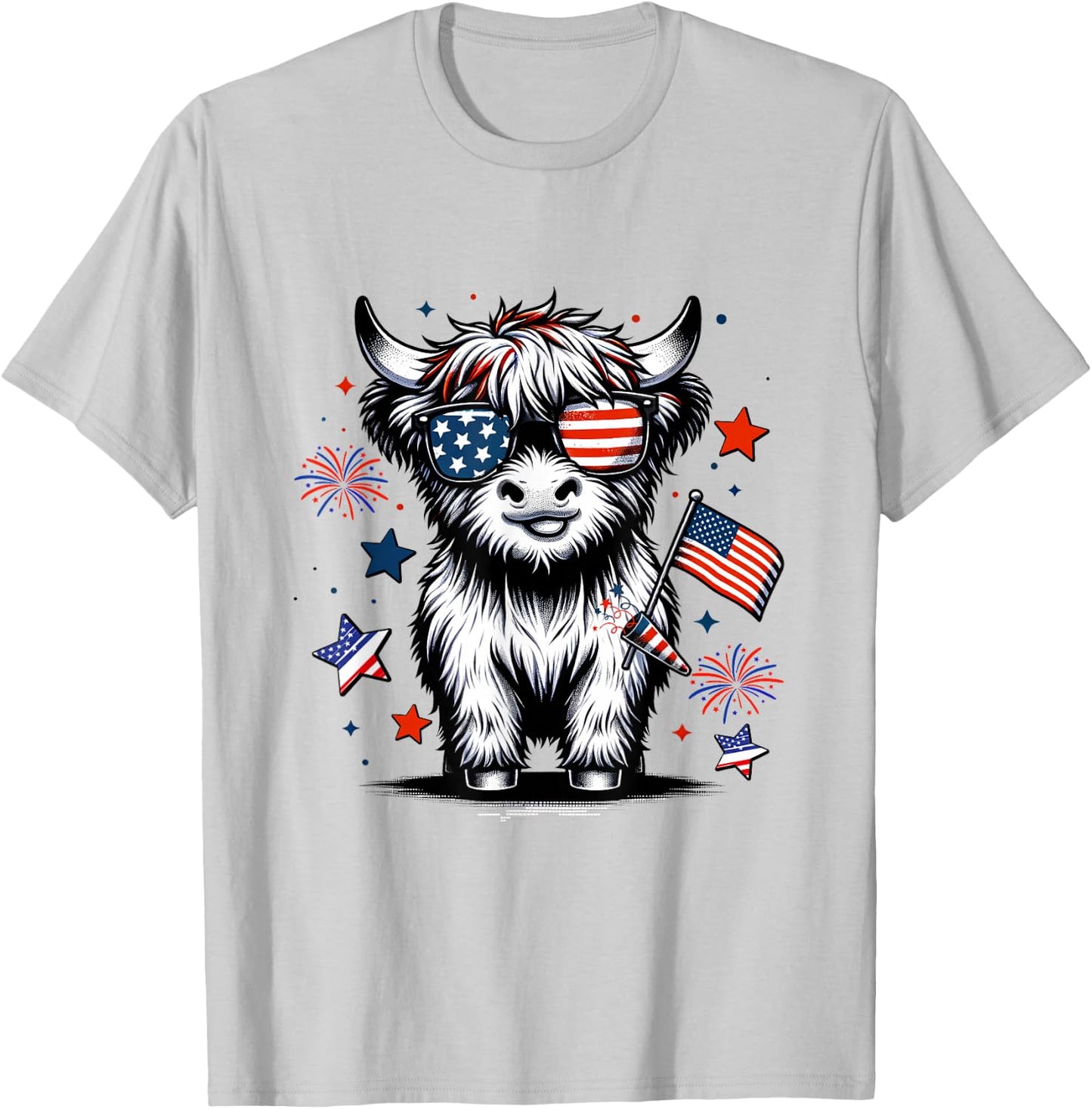 Cute Highland Cow 4th of July USA Flag Patriotic Cow Farmer T-Shirt - T-Shirt | Ash