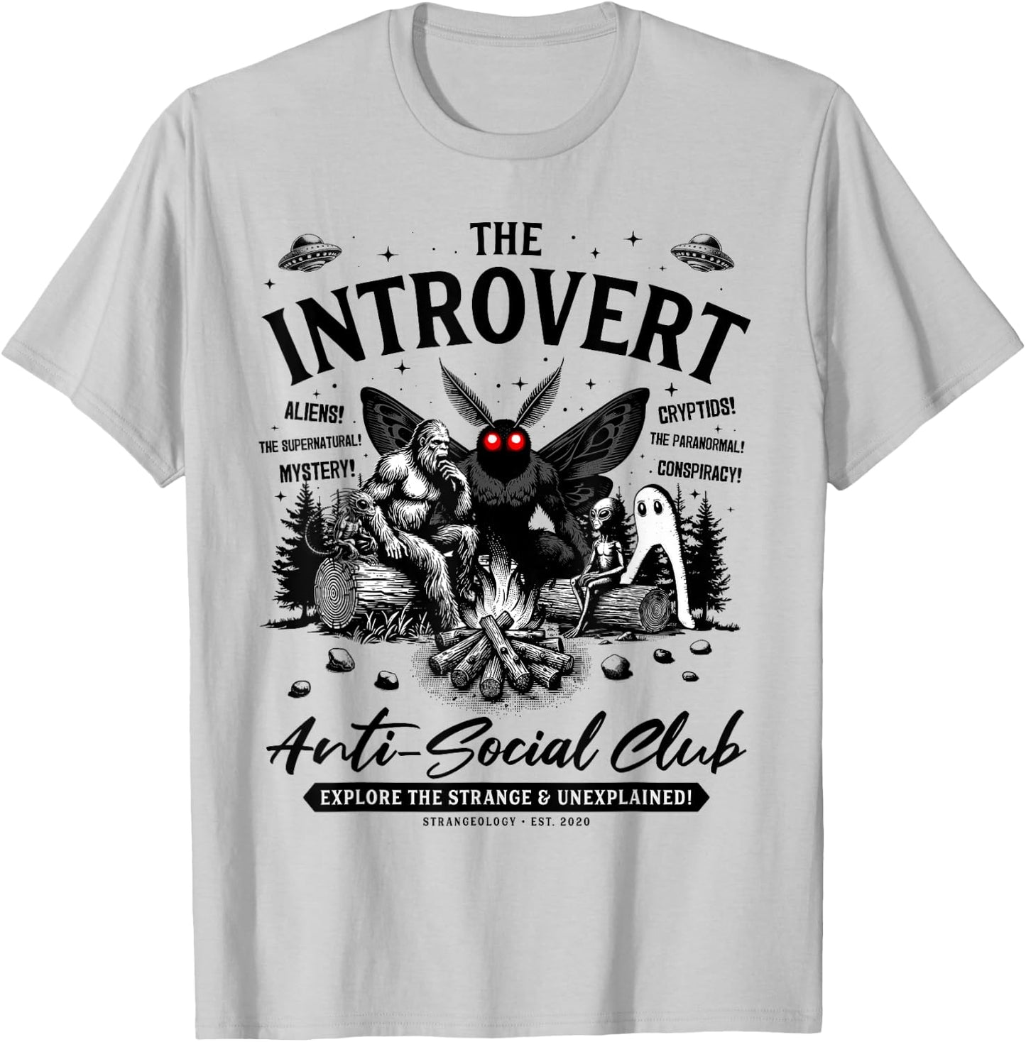 The Introvert Social Club Bigfoot Mothman Alien Creature T-Shirt - T-Shirt | Ash