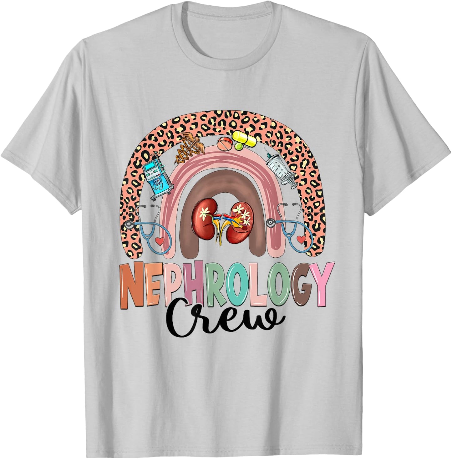 Nephrology Crew Rainbow Kidney Leopard Nephrology Nurse T-Shirt - T-Shirt | Ash