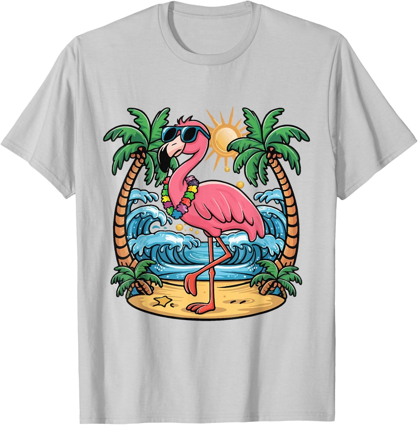 Flamingo Beach Summer Vibes Palm Trees Tropical Summer T-Shirt - T-Shirt | Ash