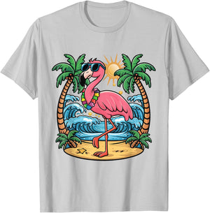 Flamingo Beach Summer Vibes Palm Trees Tropical Summer T-Shirt - T-Shirt | Ash