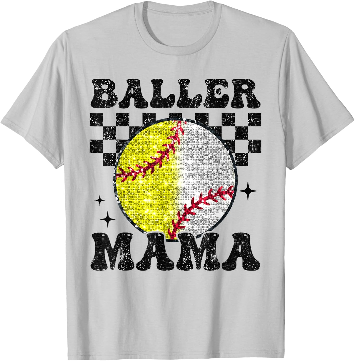 Baller Mama Checkered Retro Proud Softball Baseball Player T-Shirt - T-Shirt | Ash