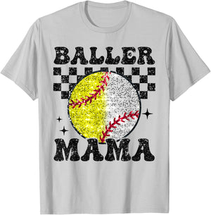 Baller Mama Checkered Retro Proud Softball Baseball Player T-Shirt - T-Shirt | Ash