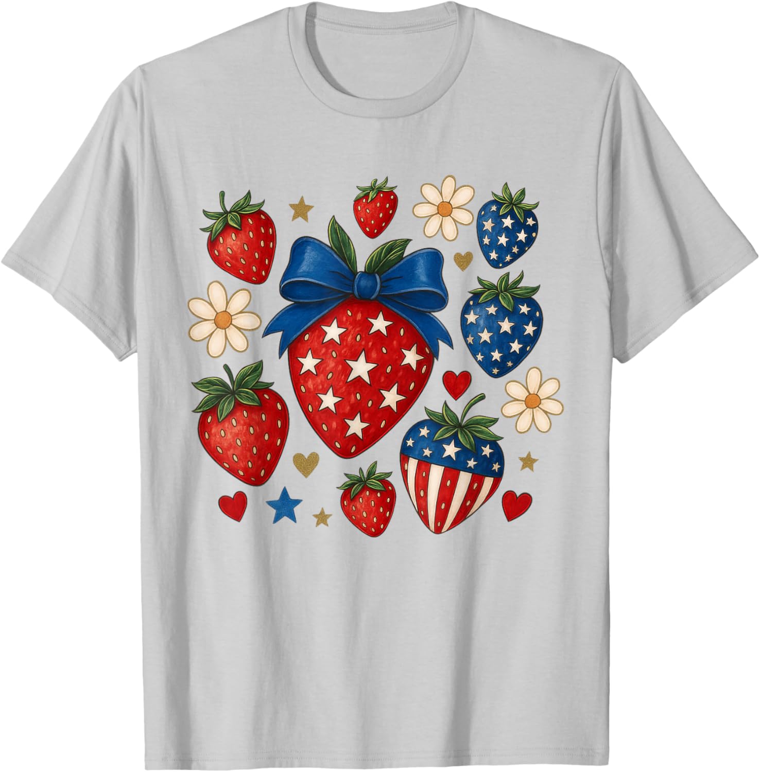 4th of July Strawberry Boho Coquette Bow Independence Day T-Shirt - T-Shirt | Ash