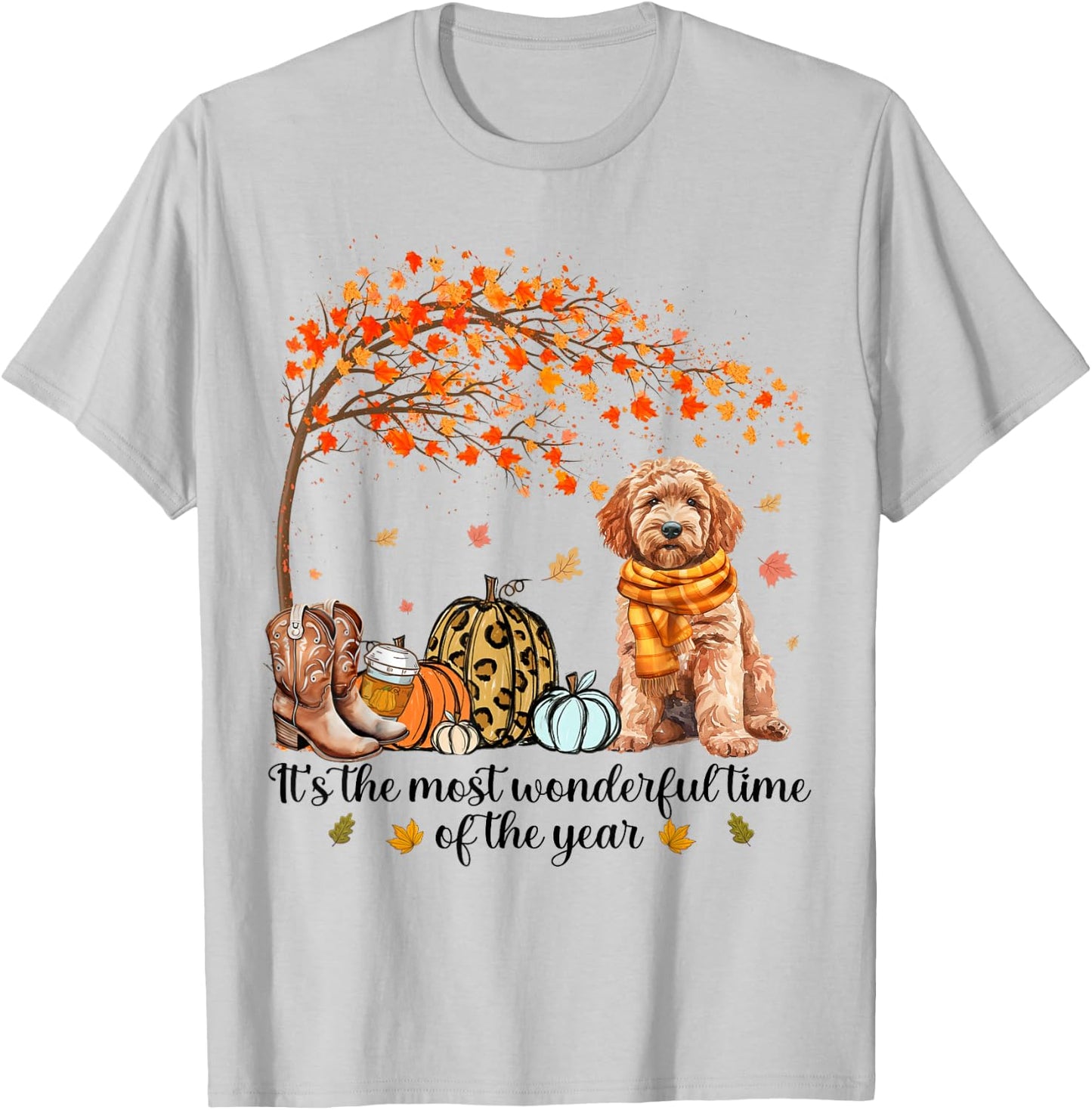 It’s The Most Wonderful Time Goldendoodle Pumpkins Autumn T-Shirt - T-Shirt | Ash