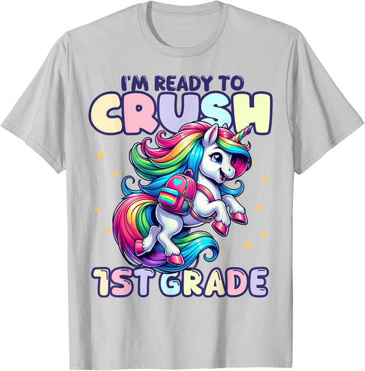 Crush 1st Grade Girls Back to School Unicorn First Day Cute T-Shirt - T-Shirt | Ash