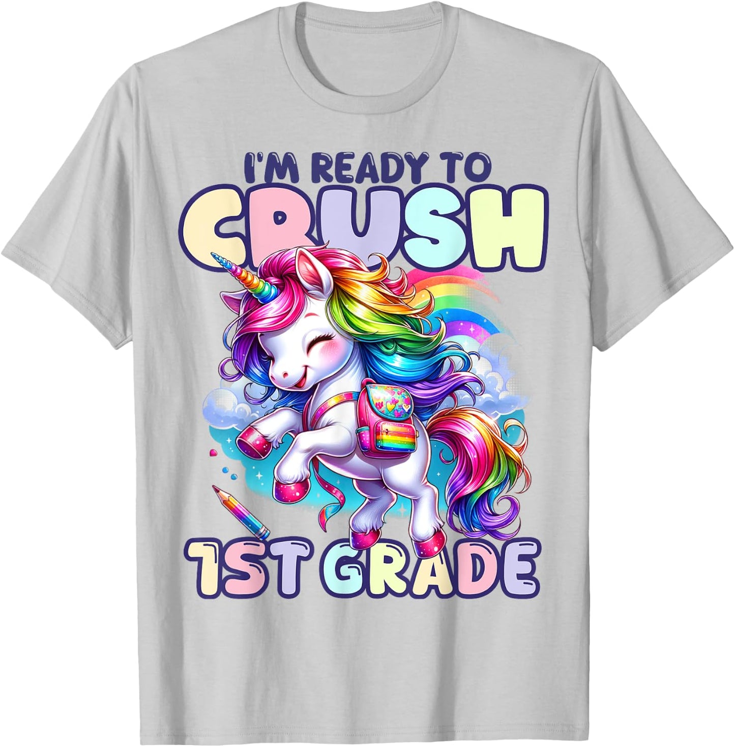 Crush 1st Grade Girls Back to School Unicorn First Day Cute T-Shirt - T-Shirt | Ash