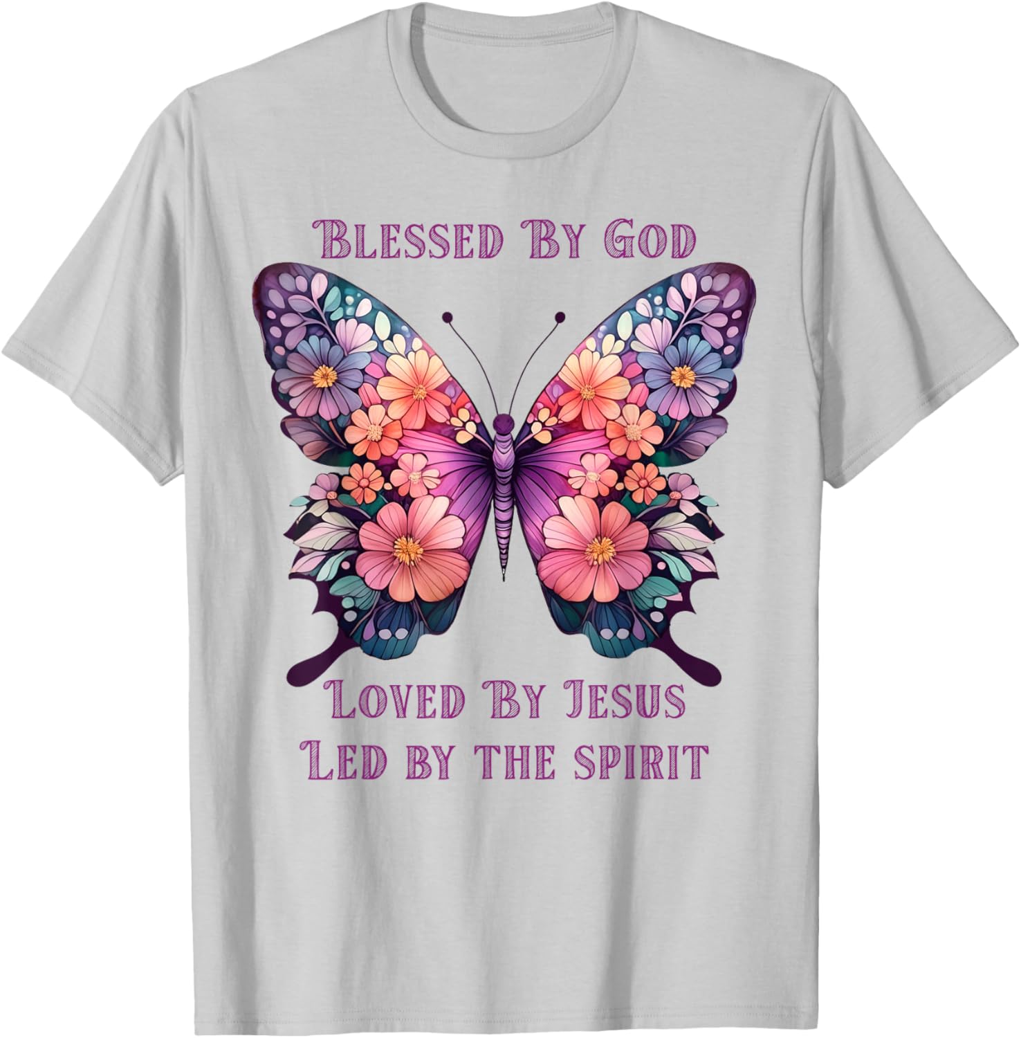 Blessed by God Loved by Jesus Purple Butterfly T-Shirt - T-Shirt | Ash