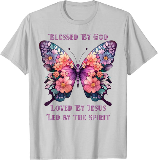 Blessed by God Loved by Jesus Purple Butterfly T-Shirt - T-Shirt | Ash