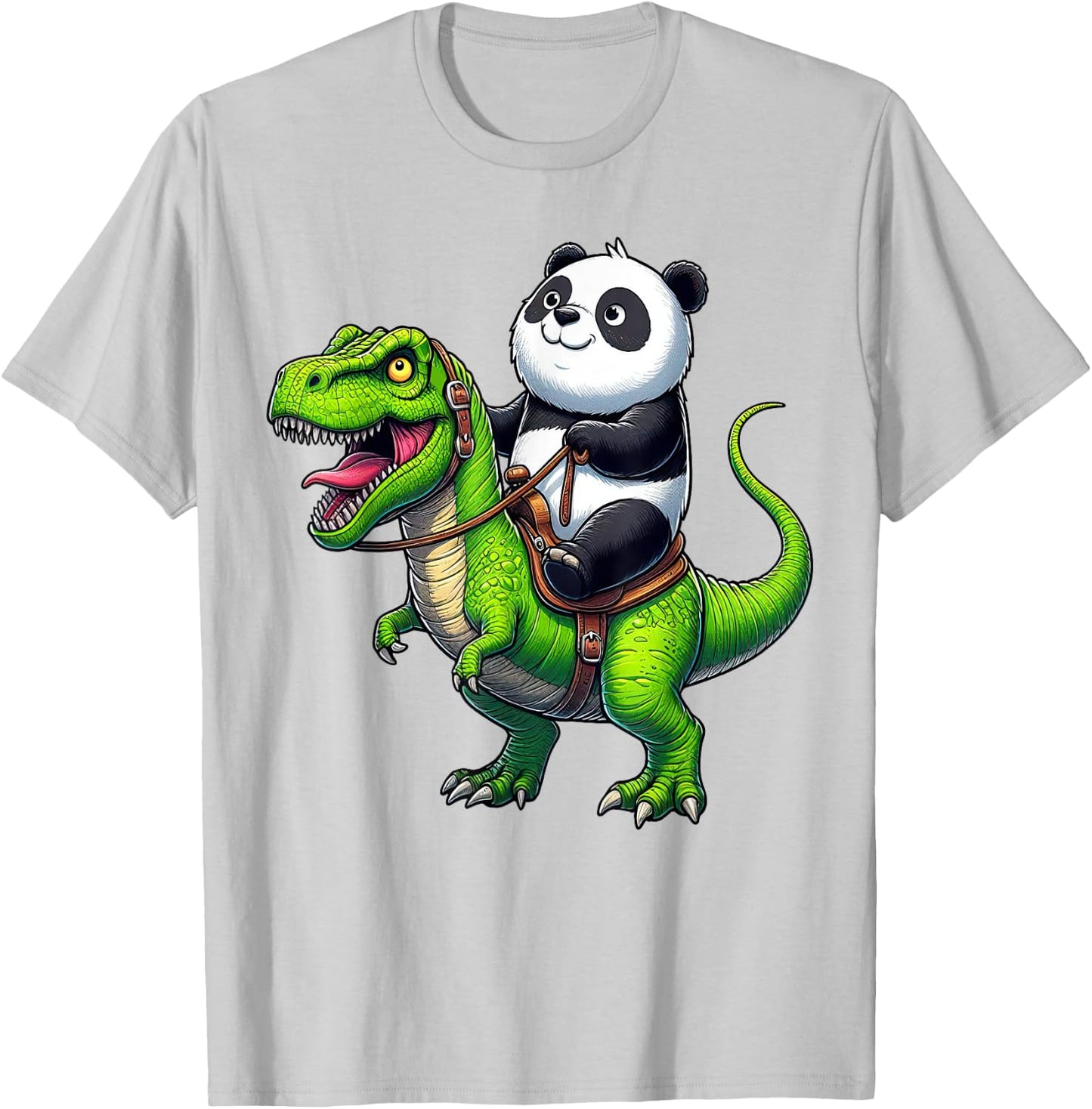 Panda Riding Dinosaur T Rex Funny Boys Girls Kids T-Shirt - T-Shirt | Ash