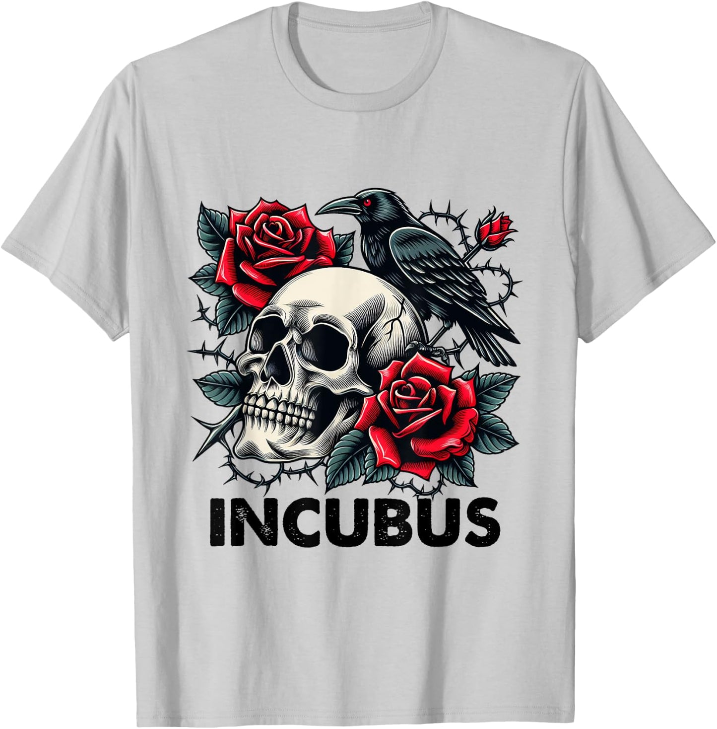 Retro Halloween Graphic Incubus-Crow Left Skull And Flower T-Shirt - T-Shirt | Ash
