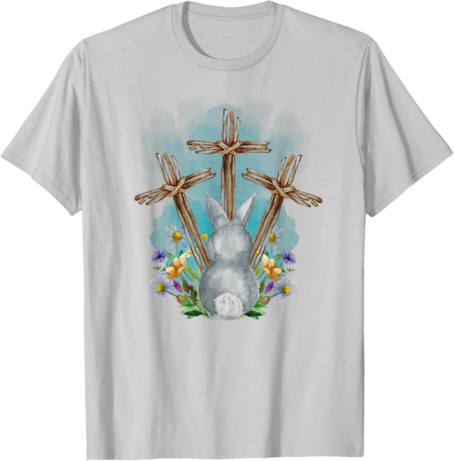 Easter Bunny with Trio Crosses Inspirational Christian Faith T-Shirt - T-Shirt | Ash