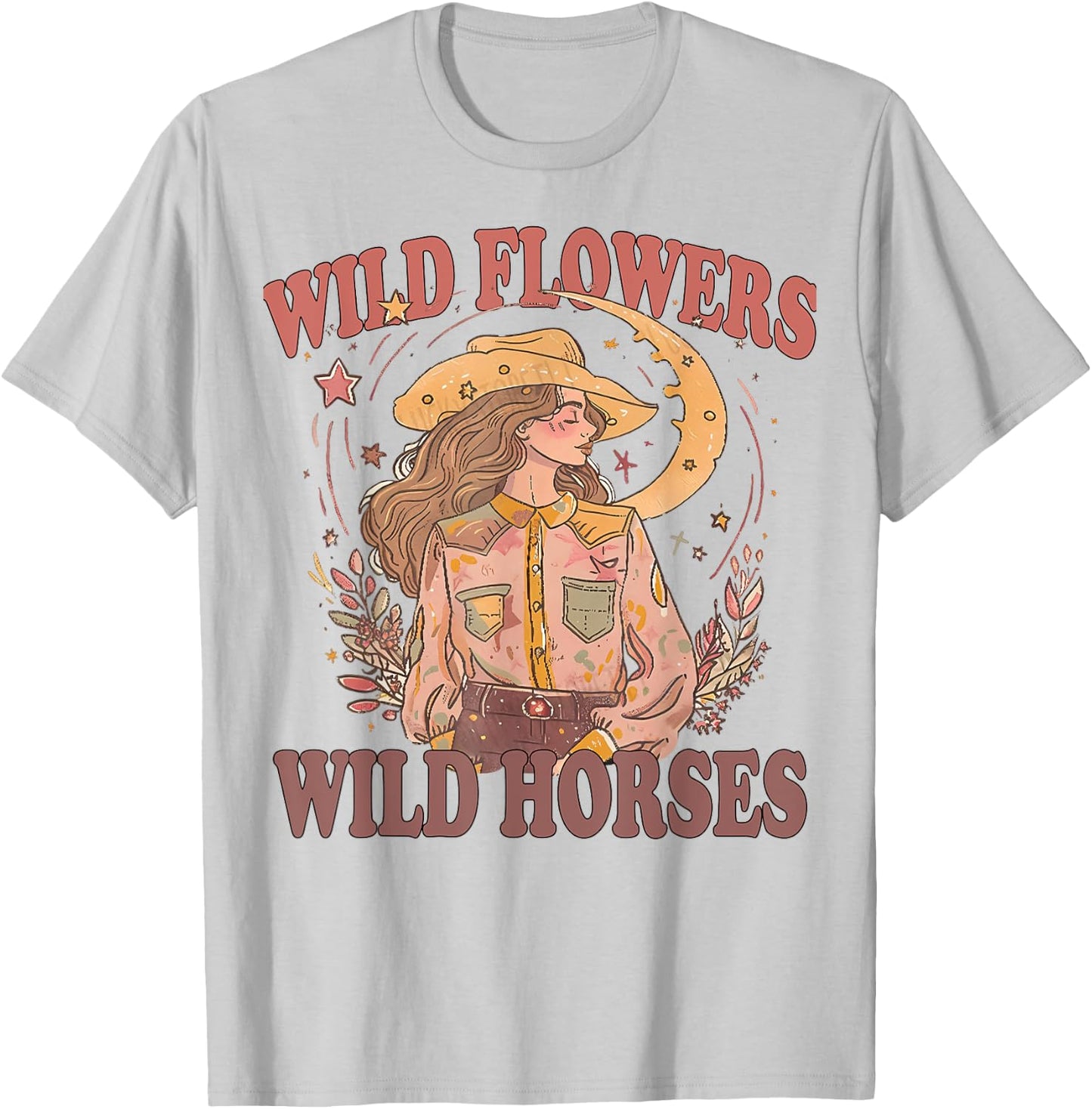 Floral Cowgirl Riding Horse Wild Flowers Wild Horses T-Shirt - T-Shirt | Ash