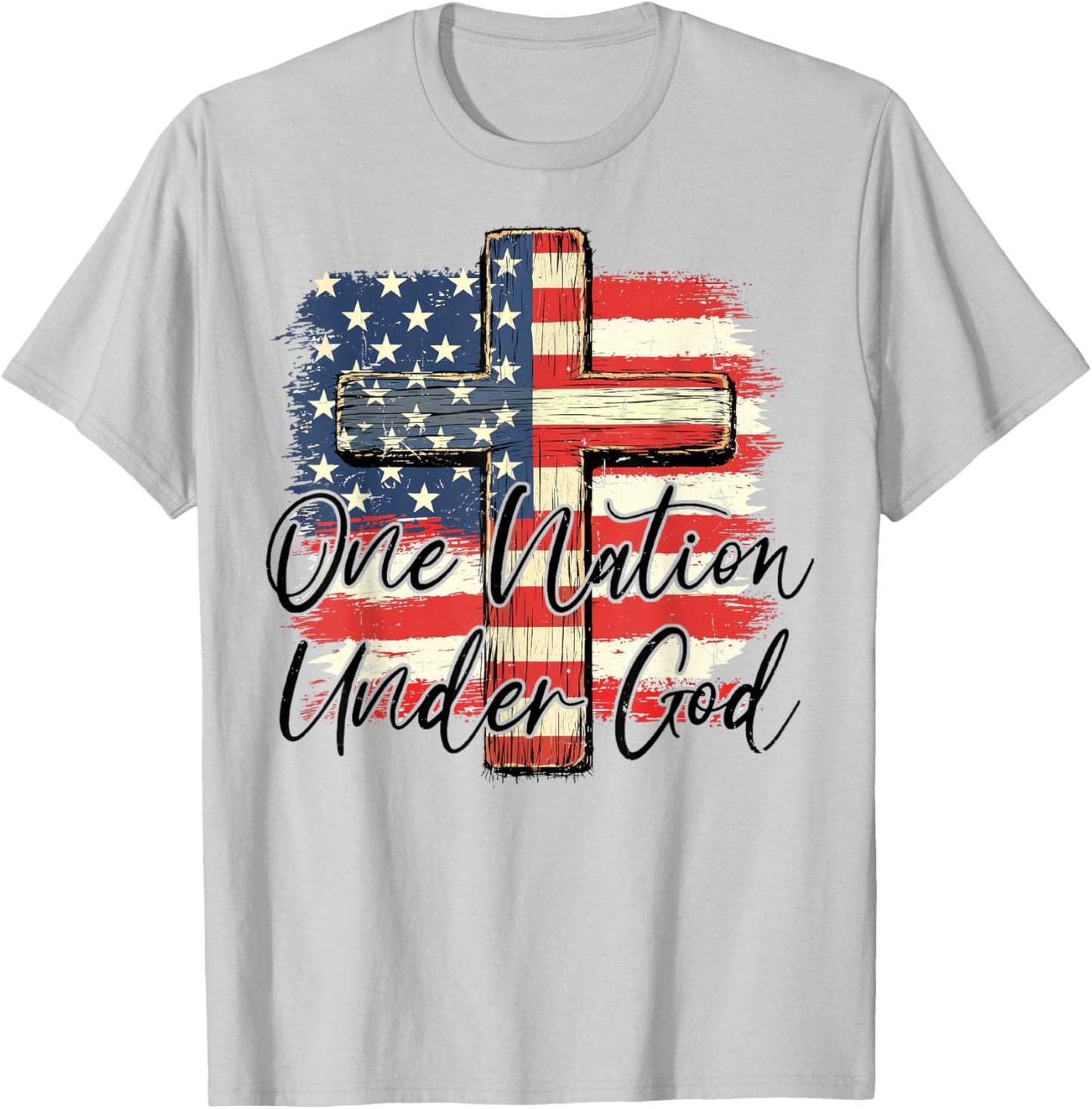 One Nation Under God Cross American Flag 4th Of July T-Shirt - T-Shirt | Ash