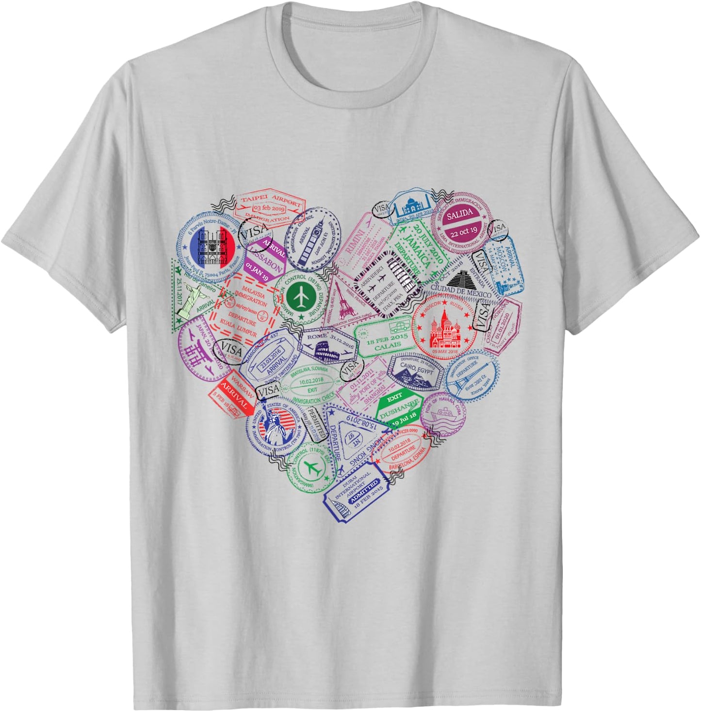 Heart Shaped Passport Travel Stamps Gift T-Shirt - T-Shirt | Ash