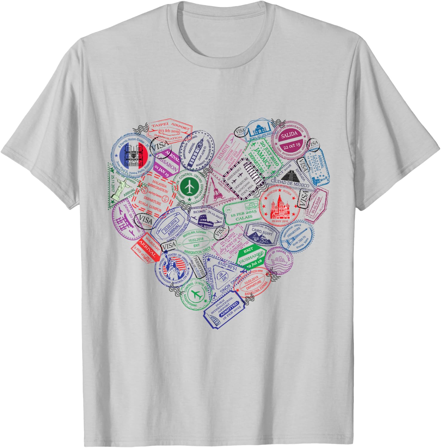 Heart Shaped Passport Travel Stamps Gift T-Shirt - T-Shirt | Ash