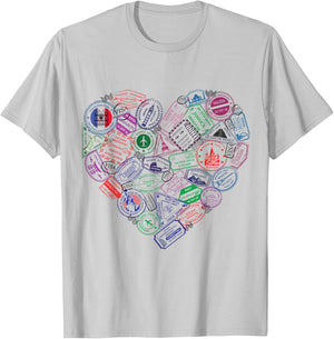 Heart Shaped Passport Travel Stamps Gift T-Shirt - T-Shirt | Ash