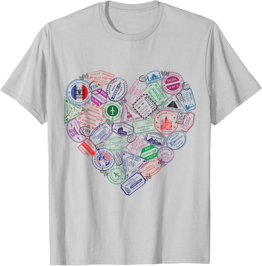 Heart Shaped Passport Travel Stamps Gift T-Shirt - T-Shirt | Ash