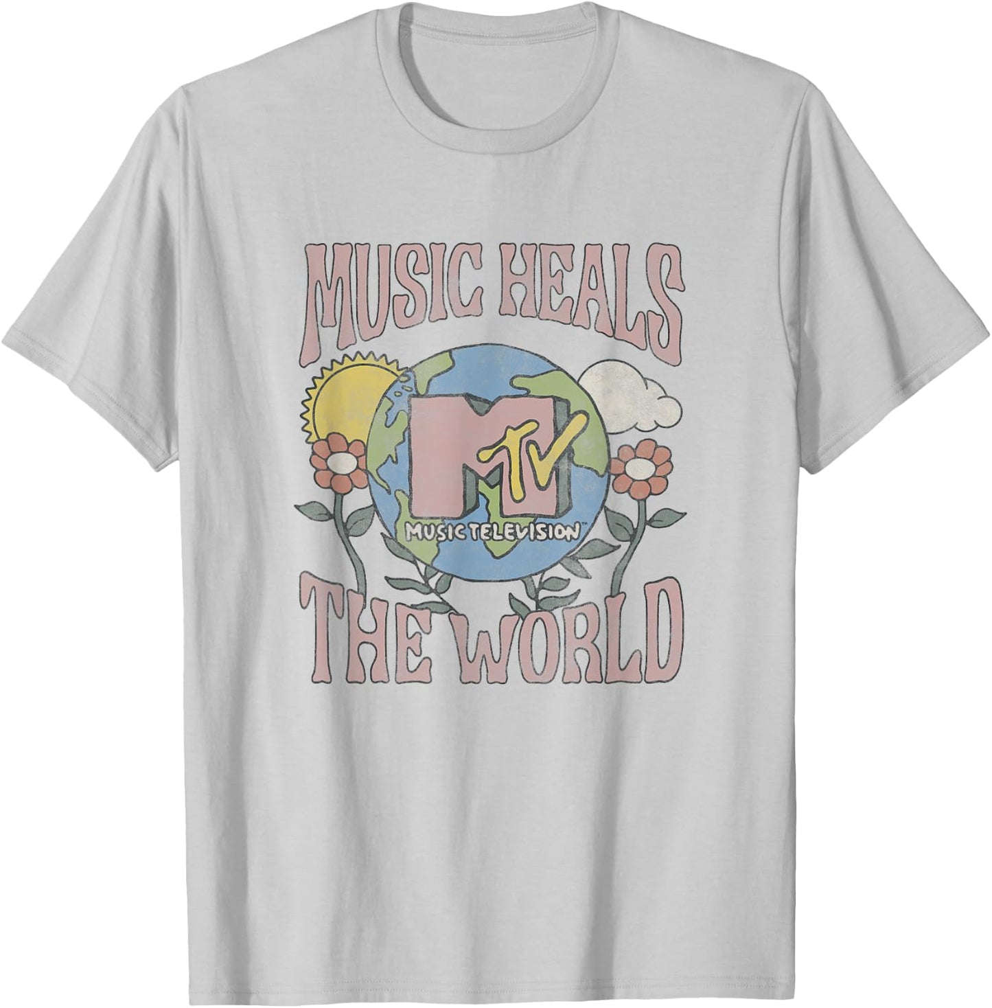 MTV Vintage Earth Day Music Heals The World Groovy Poster T-Shirt - T-Shirt | Ash